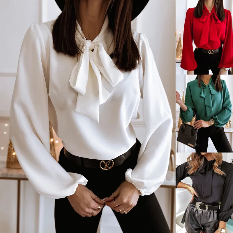 Women Chiffon Blouse Long Sleeve Loose Fit Solid Color Top