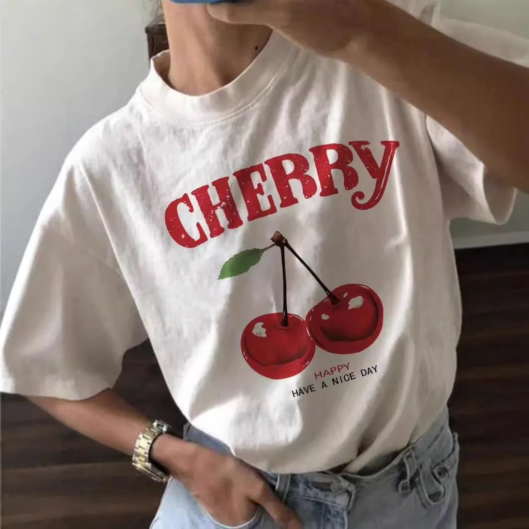 Women's Cherry Print Round Neck Short Sleeve T-Shirt - Japanese Korean Casual Style