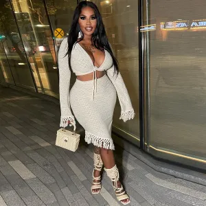 Women Fashion Sexy Deep V Strap Tassel Long Sleeve Crop Top Skirt Two-Piece Set