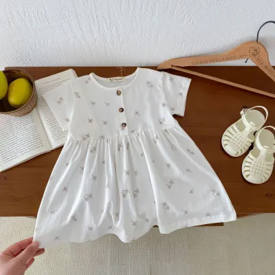 Kids Toddler Girls Casual Cute Tiny Flower Print Short Sleeve Dress