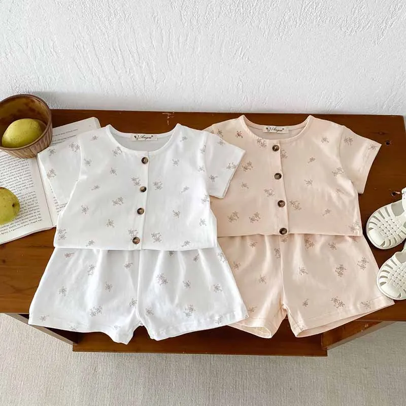 Kids Toddler Boys Girls Casual Cute Tiny Flower Print Short Sleeve Top Shorts Sets
