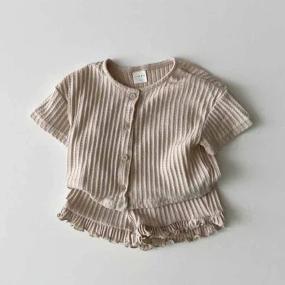 Kids Toddler Boys Girls Casual Cute Solid Color Stripe Short Sleeve Top Shorts Two-Piece Set