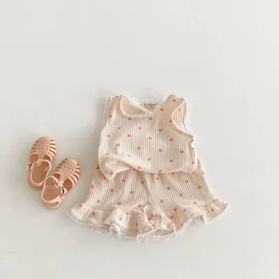 Kids Toddler Girls Casual Cute Stripe Heart Print Tank Top Shorts Sets