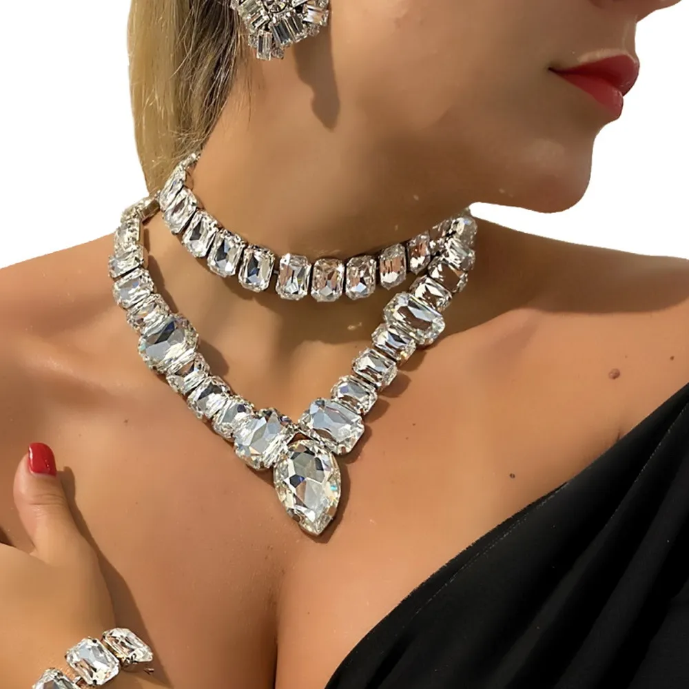 Women Fashion Exaggerated Bohemian Drop-Shaped Rhinestone Necklace