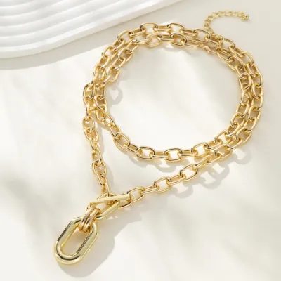 Women Fashion Exaggerated Multi-Layer Geometric Metal Buckle Necklace