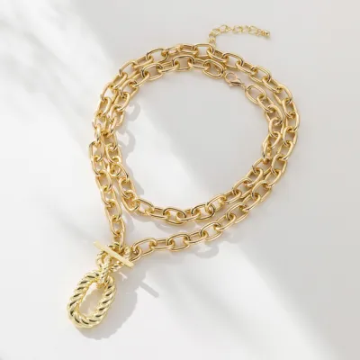 Women Fashion Exaggerated Multi-Layer Geometric Metal Buckle Necklace