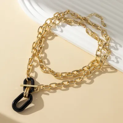 Women Fashion Exaggerated Multi-Layer Geometric Metal Buckle Necklace