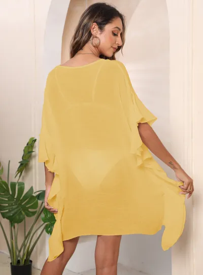 Summer Women Loose Ruffle Bikini Swimsuit Cover-Up Slub Cotton Solid Color