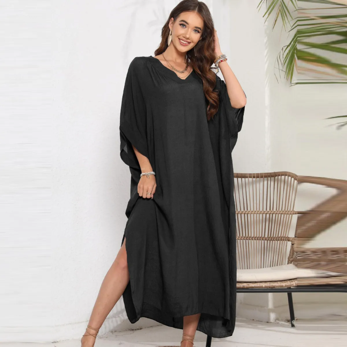 Summer Women Casual Solid Color V-Neck Loose Bat Sleeve Bikini Swimsuit Cover-Up