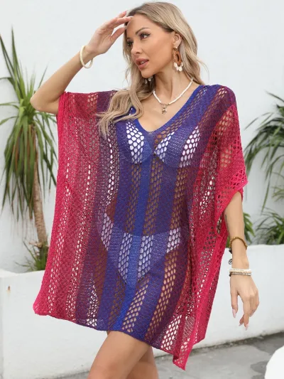 Summer Women Fashion Sexy Vacation Beach V-Neck Gradient Knitted Hollow Bikini Swimsuit Cover-Up