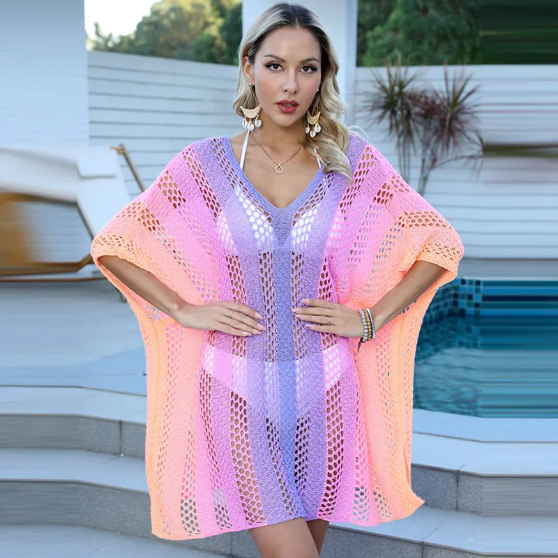 Summer Women Fashion Sexy Vacation Beach V-Neck Gradient Knitted Hollow Bikini Swimsuit Cover-Up