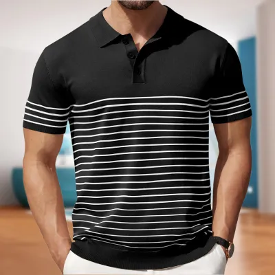 Men Fashion Casual Business Stripe Knitted Short Sleeve Lapel POLO Shirt
