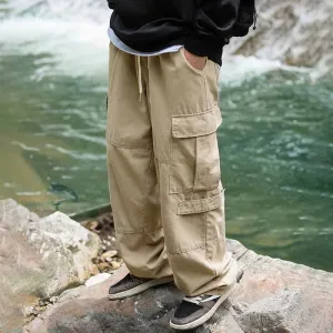 Men Casual Loose Cargo Pants with Large Pockets Solid Cotton