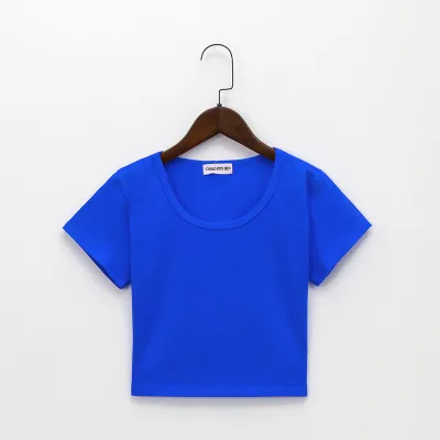 Women Simple Solid Color Round Neck Short Sleeve Crop T-Shirt