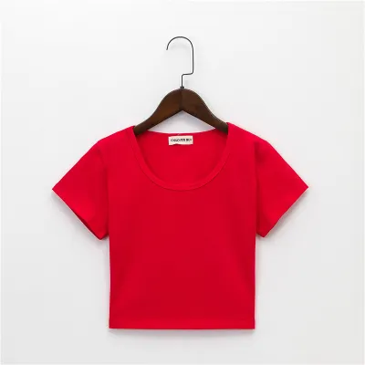 Women Simple Solid Color Round Neck Short Sleeve Crop T-Shirt
