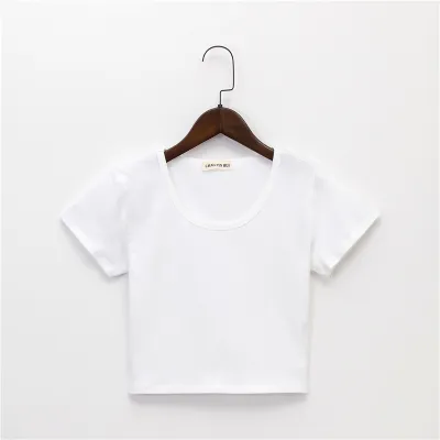 Women Simple Solid Color Round Neck Short Sleeve Crop T-Shirt