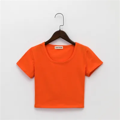 Women Simple Solid Color Round Neck Short Sleeve Crop T-Shirt