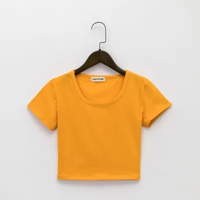 Women Simple Solid Color Round Neck Short Sleeve Crop T-Shirt