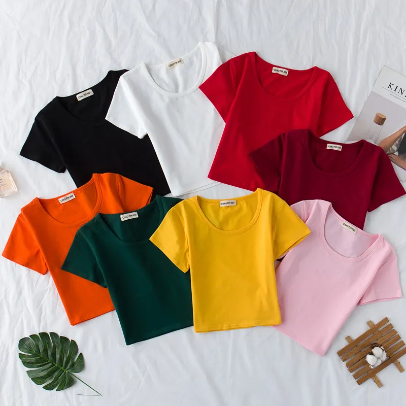 Women Simple Solid Color Round Neck Short Sleeve Crop T-Shirt