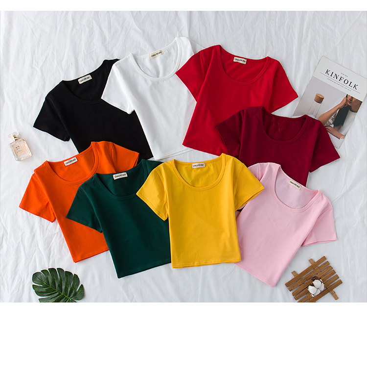 Wholesale Women Simple Solid Color Round Neck Short Sleeve