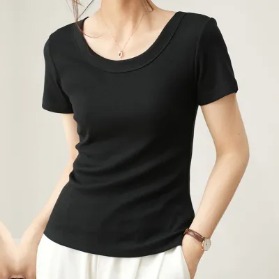 Women Slim Fit Combed Cotton Solid Color Round Neck Short Sleeve T-Shirt