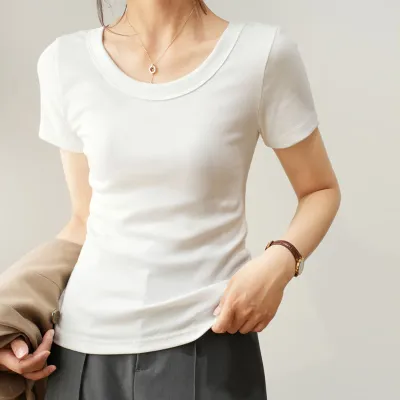 Women Slim Fit Combed Cotton Solid Color Round Neck Short Sleeve T-Shirt
