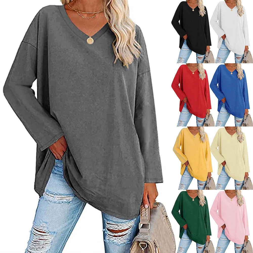 Women Casual Solid Color V-Neck Long Sleeve Raglan Sleeve T-Shirt
