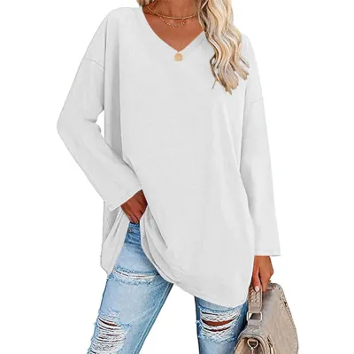 Women Casual Solid Color V-Neck Long Sleeve Raglan Sleeve T-Shirt