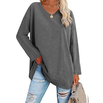 Women Casual Solid Color V-Neck Long Sleeve Raglan Sleeve T-Shirt