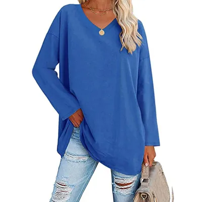Women Casual Solid Color V-Neck Long Sleeve Raglan Sleeve T-Shirt