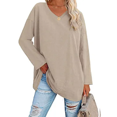 Women Casual Solid Color V-Neck Long Sleeve Raglan Sleeve T-Shirt
