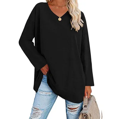 Women Casual Solid Color V-Neck Long Sleeve Raglan Sleeve T-Shirt