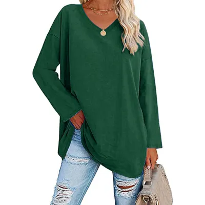 Women Casual Solid Color V-Neck Long Sleeve Raglan Sleeve T-Shirt