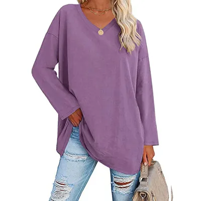 Women Casual Solid Color V-Neck Long Sleeve Raglan Sleeve T-Shirt