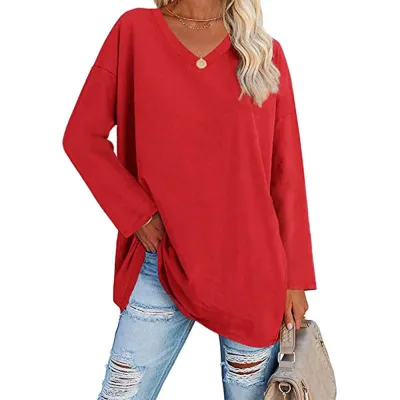Women Casual Solid Color V-Neck Long Sleeve Raglan Sleeve T-Shirt