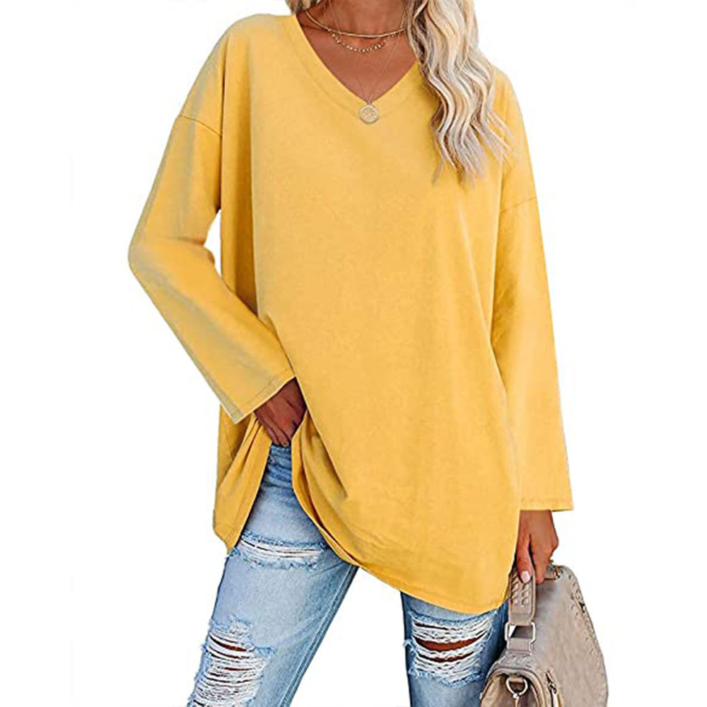 Wholesale Women Casual Solid Color V-Neck Long Sleeve Blank