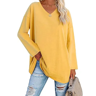 Women Casual Solid Color V-Neck Long Sleeve Raglan Sleeve T-Shirt