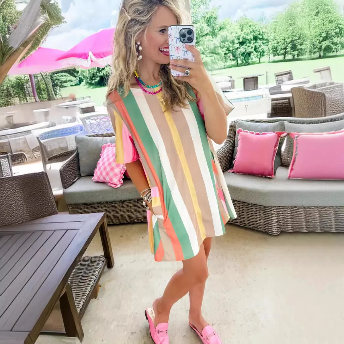 Women Casual Multicolor Stripe Print Round Neck Short Sleeve Princess Dress