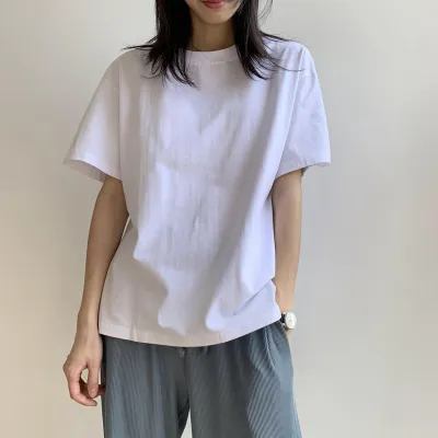 Summer Women Casual Solid Color Round Neck Short Sleeve Blank T-Shirt
