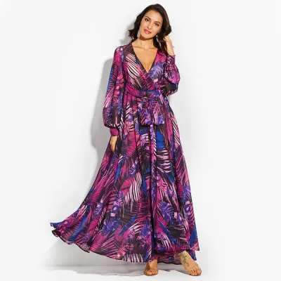 Summer Women Fashion V-Neck Leaf Print Lace-Up Lantern Sleeve Chiffon Large Swing Dress