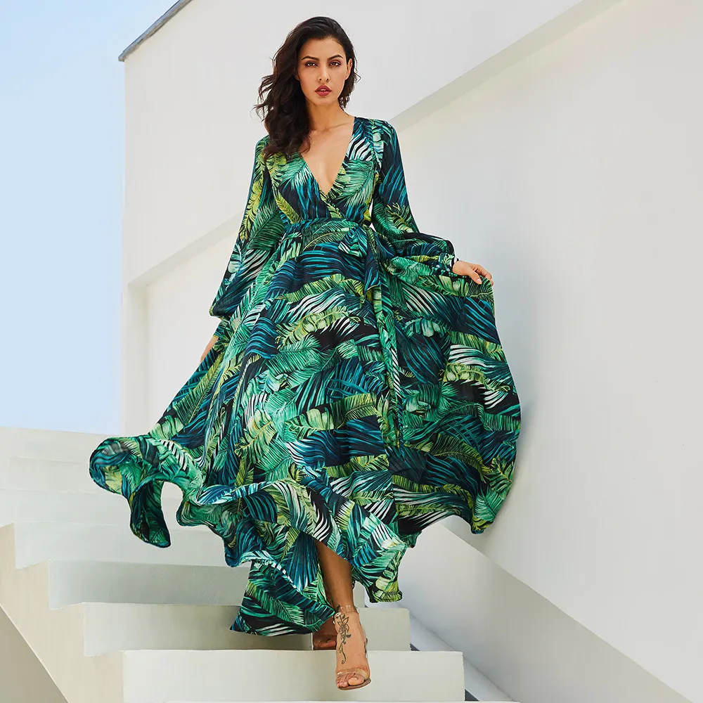 Summer Women Fashion V-Neck Leaf Print Lace-Up Lantern Sleeve Chiffon Large Swing Dress