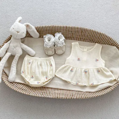 Kids Baby Girls Casual Cute Embroidery Flower Plaid Sleeveless Dress Shorts Set