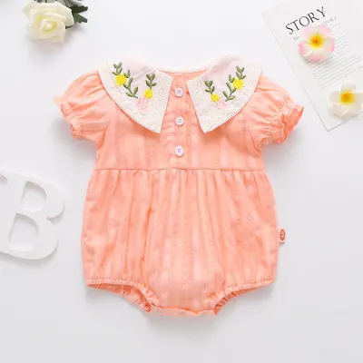 Kids Baby Girls Casual Cute Embroidery Flower Short Sleeve Peter Pan Collar Cotton Romper