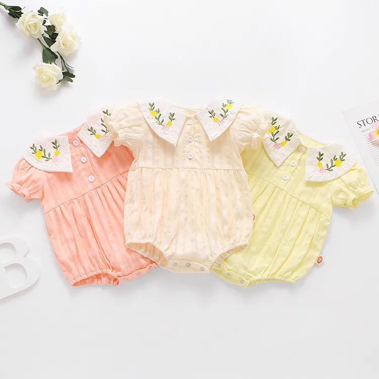 Kids Baby Girls Casual Cute Embroidery Flower Short Sleeve Peter Pan Collar Cotton Romper