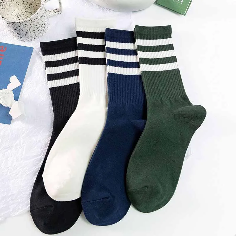 Men Fashion Casual Basic Stripe Print Mid-Calf Cotton Socks