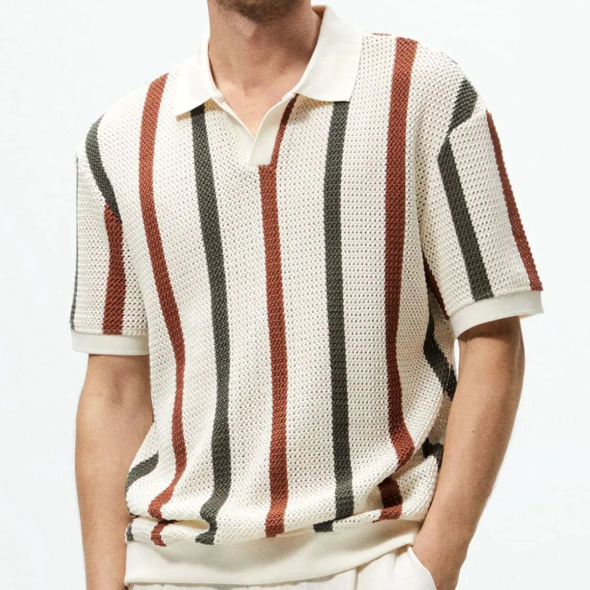Men Fashion Casual Striped Knitted Lapel POLO Shirt