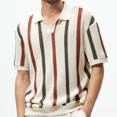 Men Fashion Casual Striped Knitted Lapel POLO Shirt