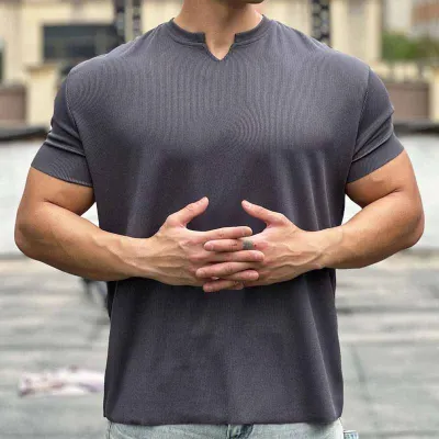 Men Fashion Jacquard Street Tide Short Sleeve Crewneck T-Shirt Pullover Loose Fit