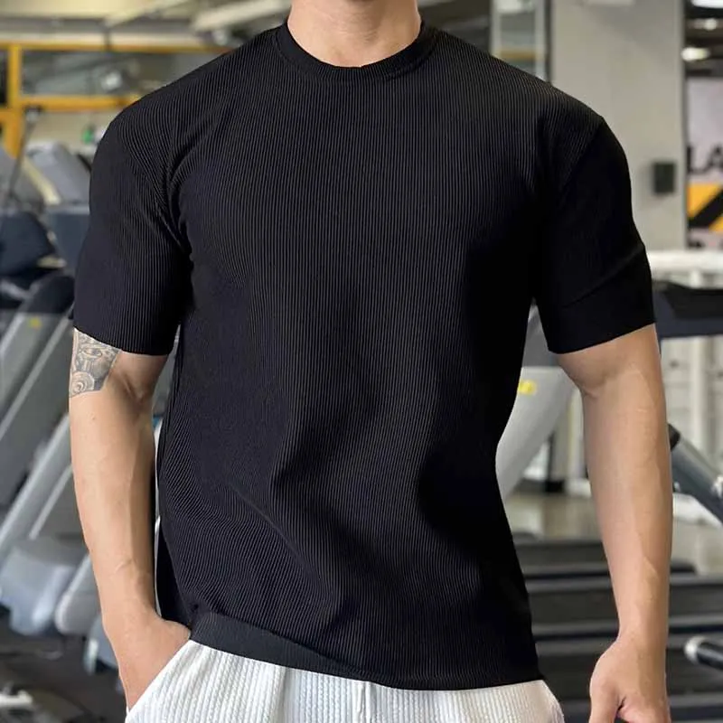 Men Street Tide Jacquard Loose Fit Short Sleeve Crewneck T-Shirt