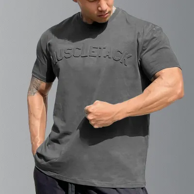 Men Fashion Casual Solid Color Alphabet Short Sleeve Round Neck T-Shirt